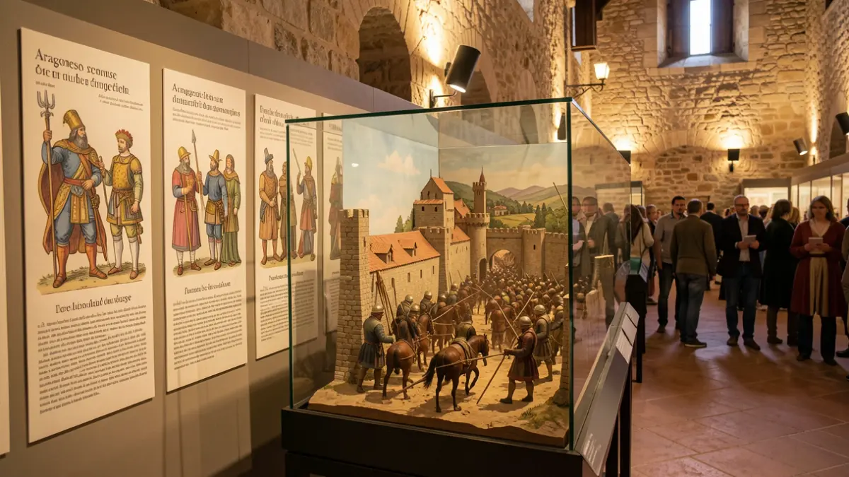 Imatge genèrica d'una exposició històrica amb panells il·lustrats i un diorama.