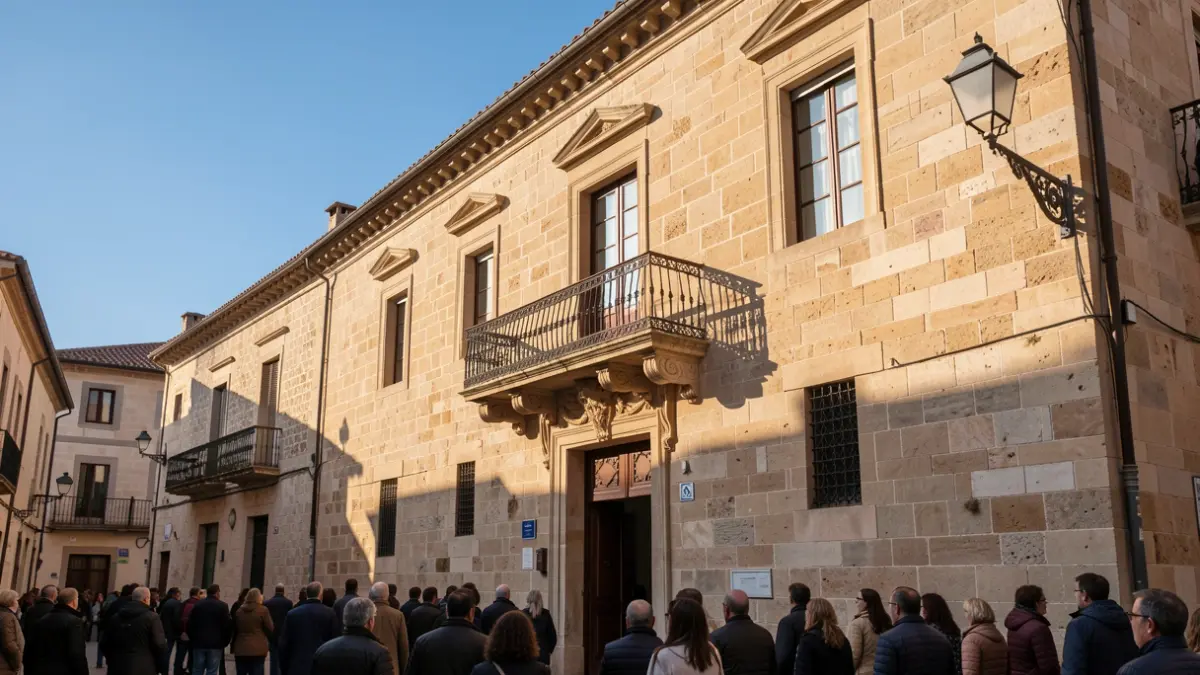 Façana de pedra de l'ajuntament de Figueroles amb balcó ornamentat sota la llum del sol.