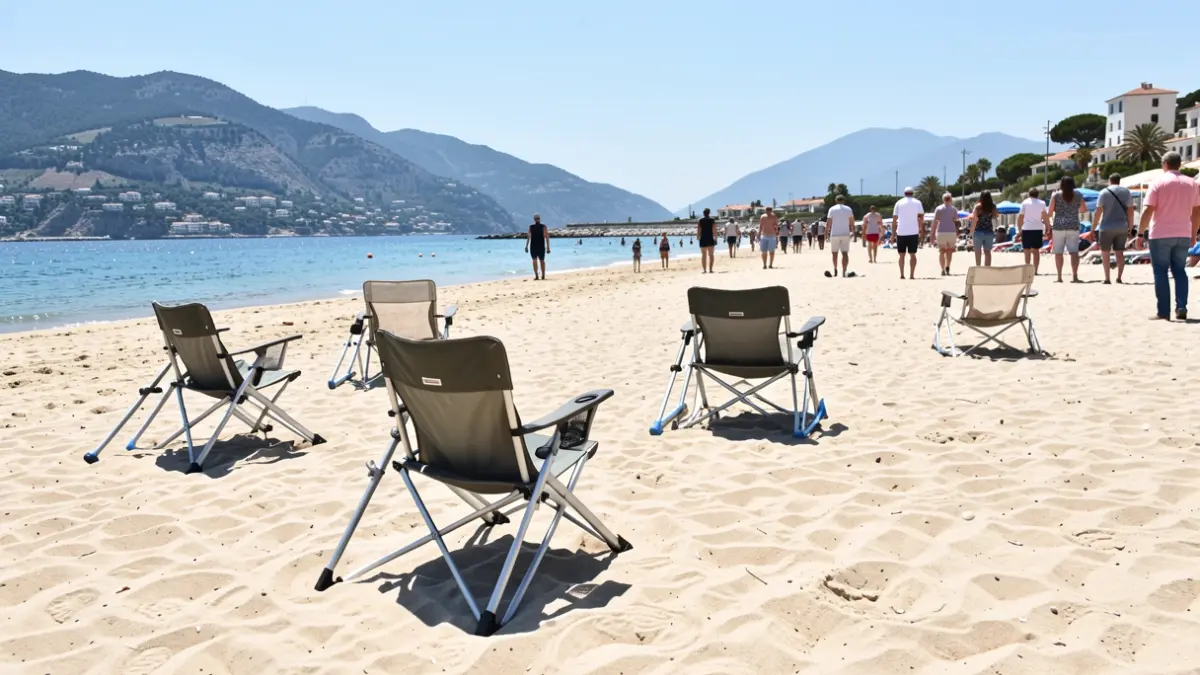 Imagen genérica de una playa accesible con sillas especiales y muletas acuáticas.