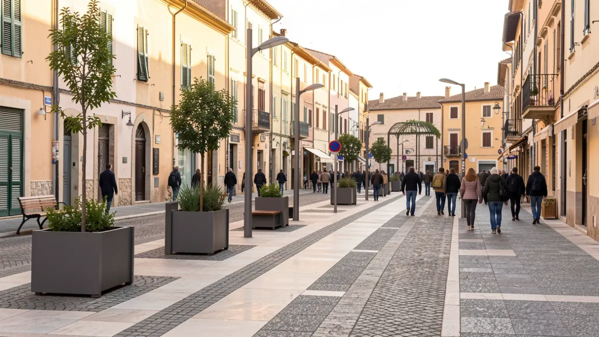 Imagen genérica de una calle reurbanizada en la Comunidad Valenciana con nuevo pavimento, alumbrado y mobiliario urbano.