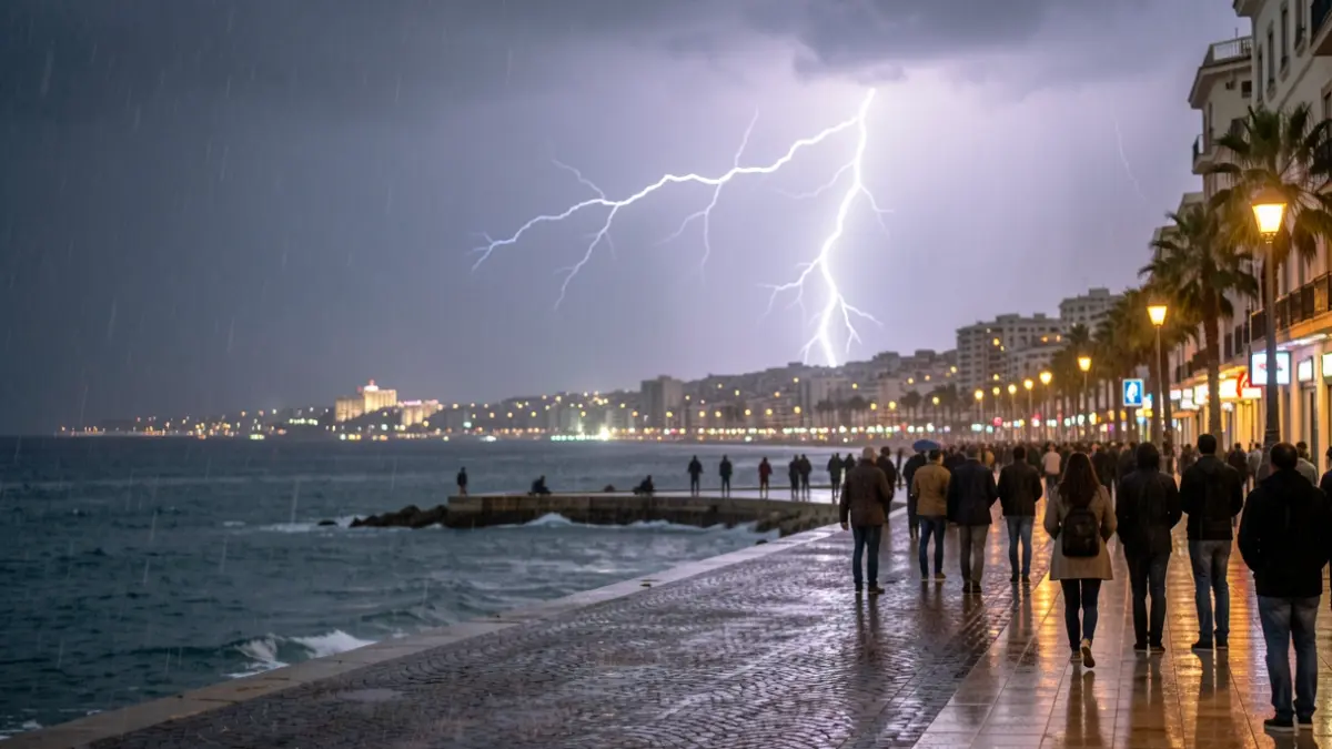 Generic image of the Valencia coast during a heavy storm with rain and lightning.