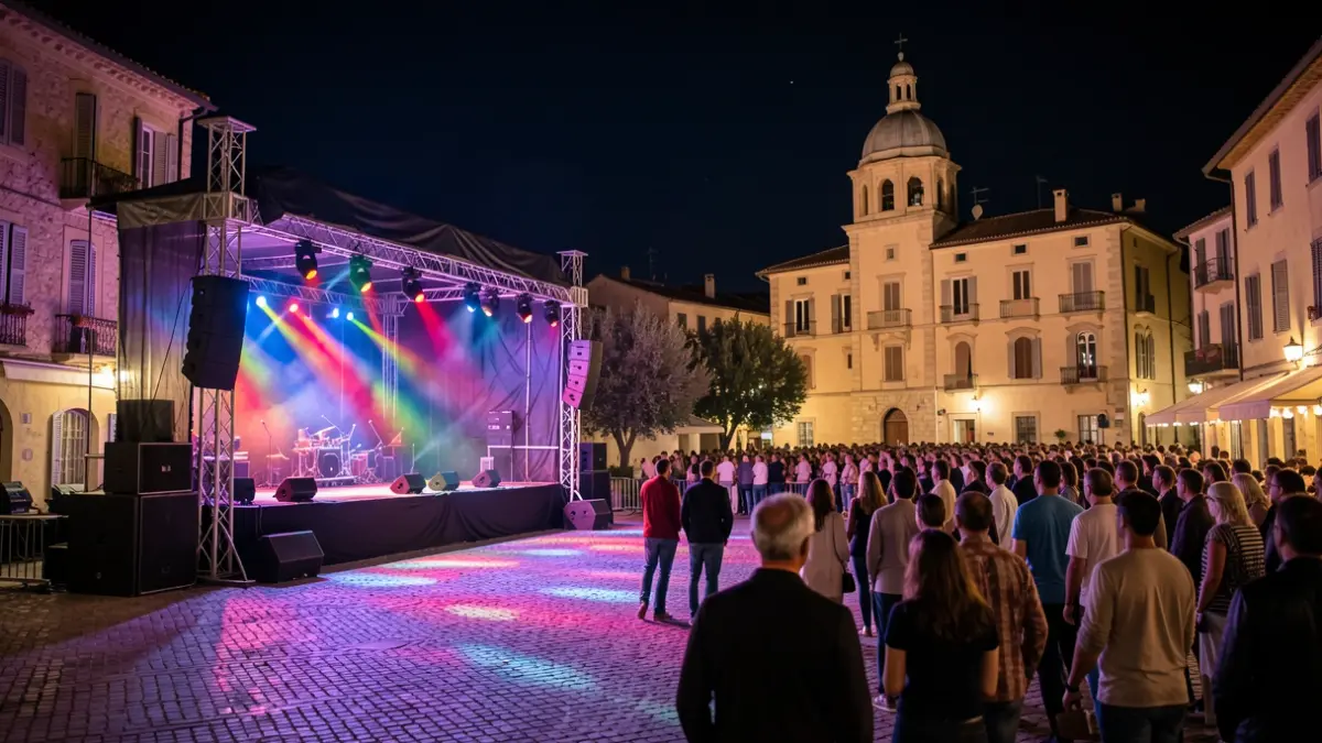 Imagen genérica de un escenario de concierto al aire libre por la noche en una plaza mediterránea.