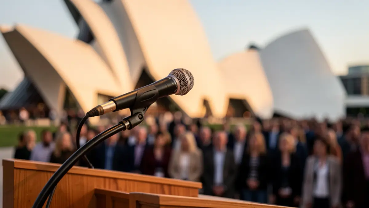 Generic image of a lectern with a microphone in front of the City of Arts and Sciences.