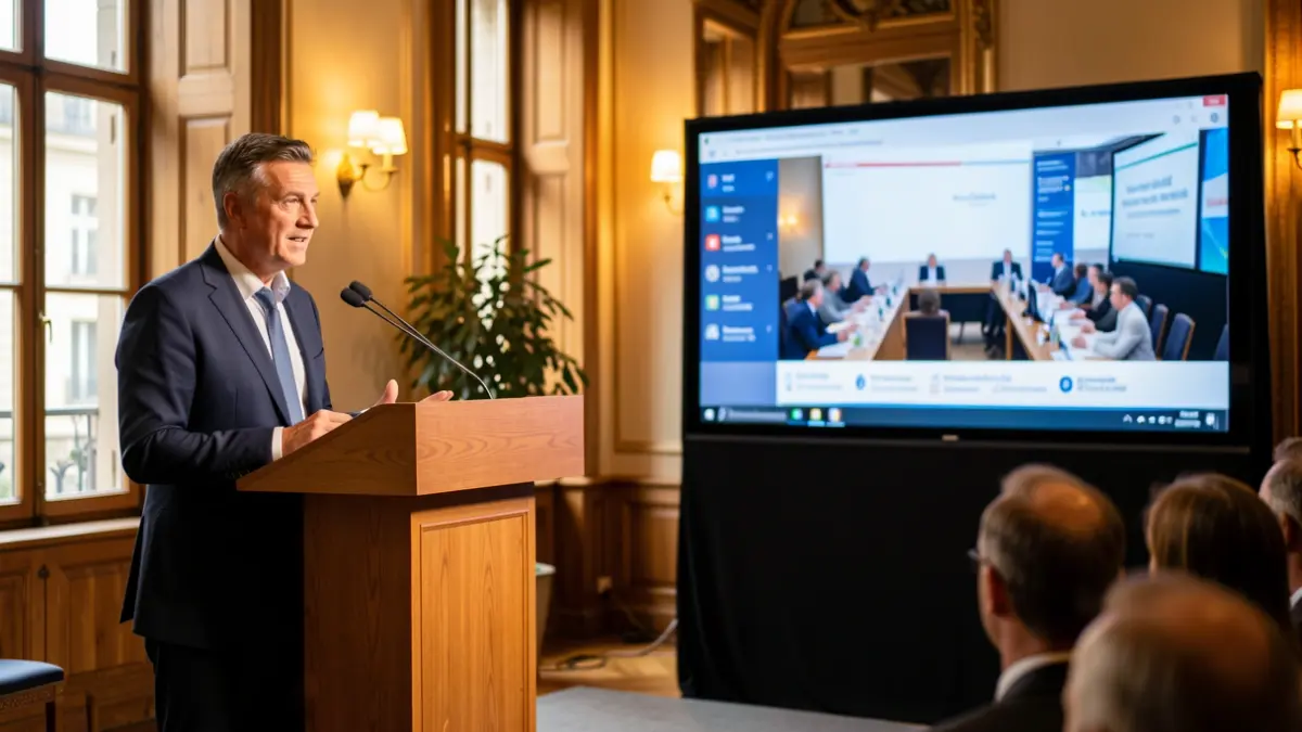 Imatge genèrica d'una jornada híbrida amb un faristol físic i una pantalla virtual.