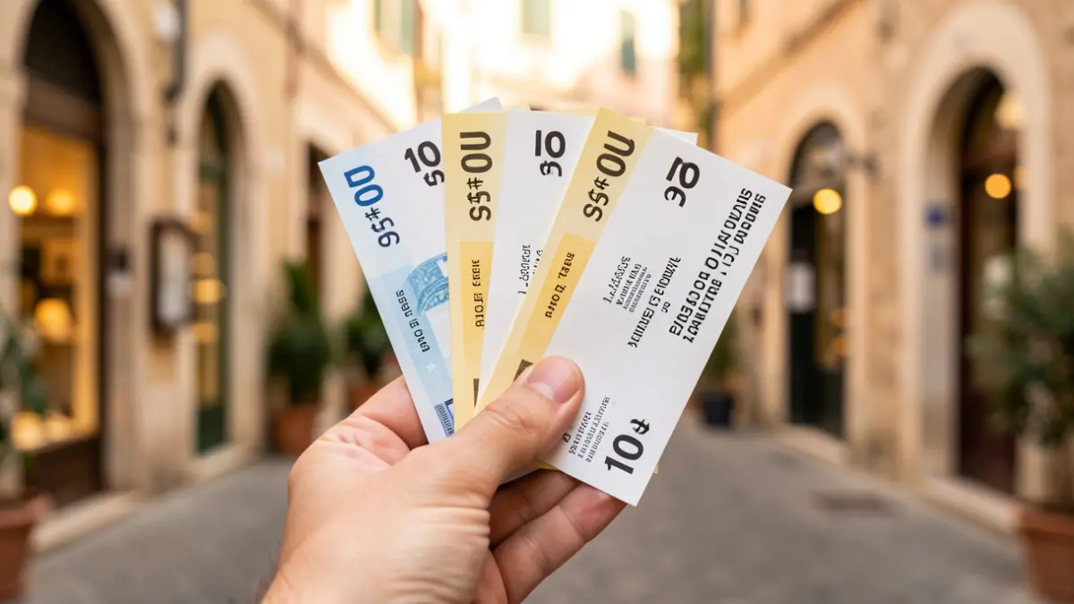 Generic image of consumption vouchers, each valued at 10 euros, in a commercial setting.