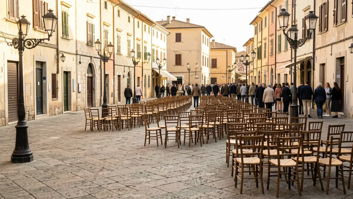 Imatge genèrica d'una plaça preparada per a un acte públic en un municipi mediterrani.