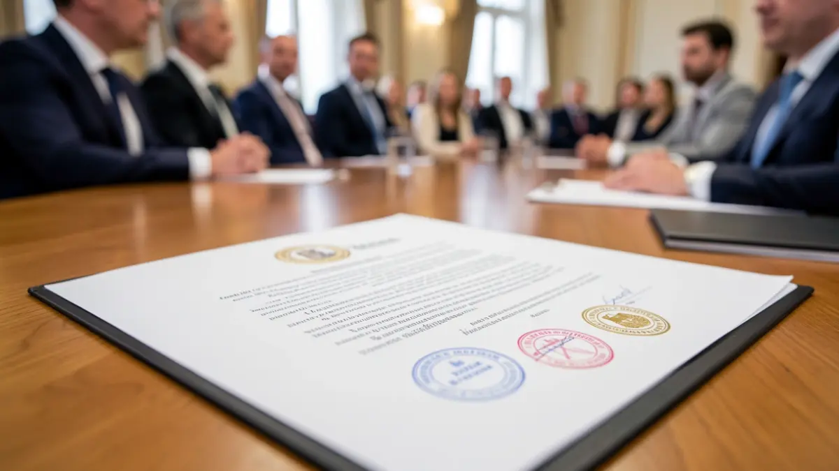 Generic image of a legal document with official seals on a desk.