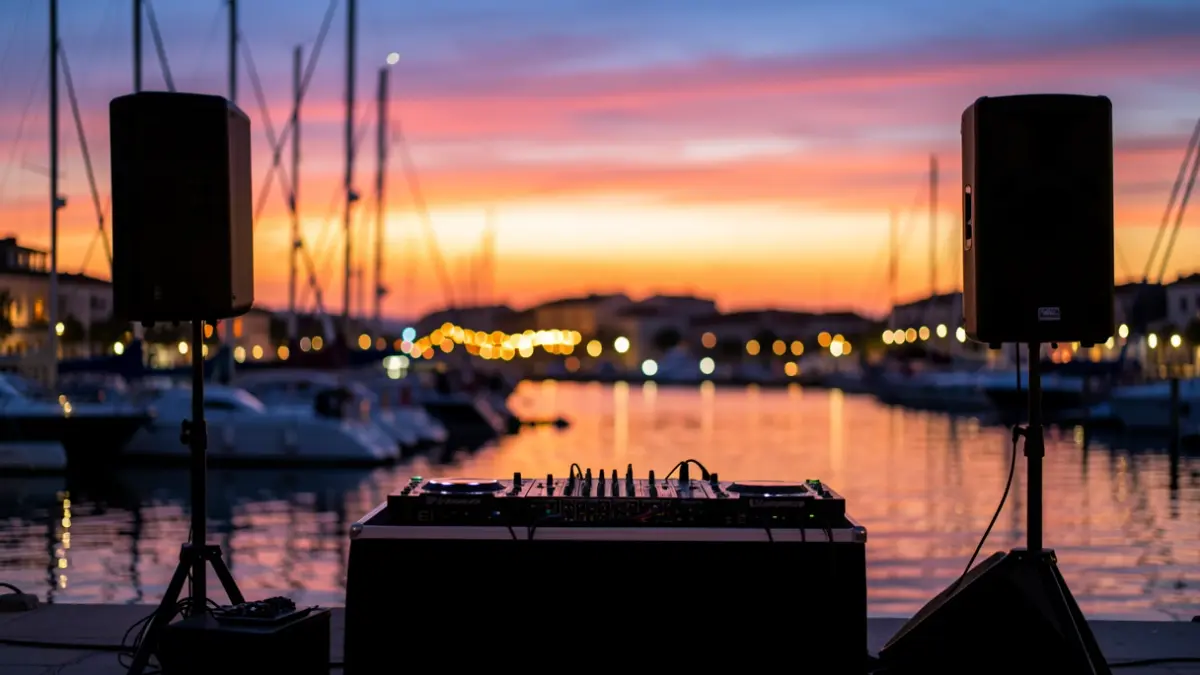 Imagen genérica de una marina mediterránea al atardecer con una cabina de DJ y altavoces.