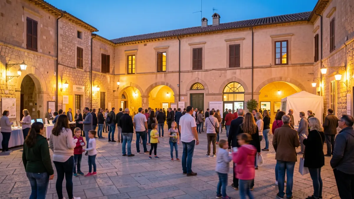 Imatge genèrica d'una plaça mediterrània il·luminada al vespre, amb gent participant en un esdeveniment de ciència.