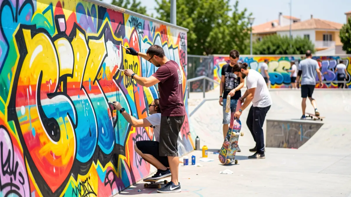 Artistic intervention at the Ibi skatepark with graffiti and urban art.