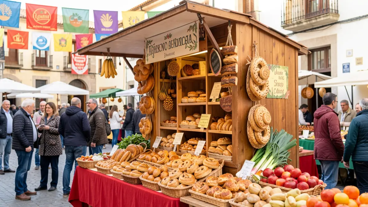 Imagen genérica de un puesto gastronómico en un festival con productos locales y gente al fondo.