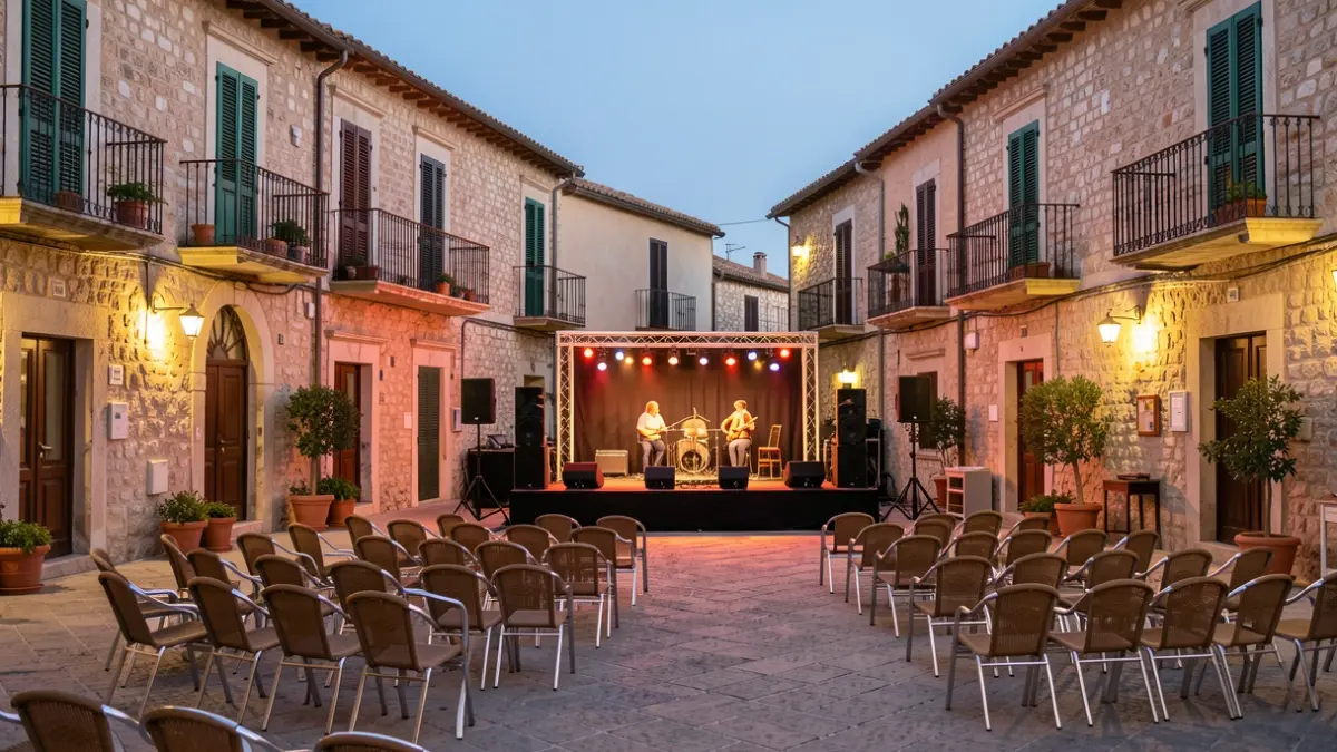 Generic image of a Mediterranean town square with a stage set up for a performance.