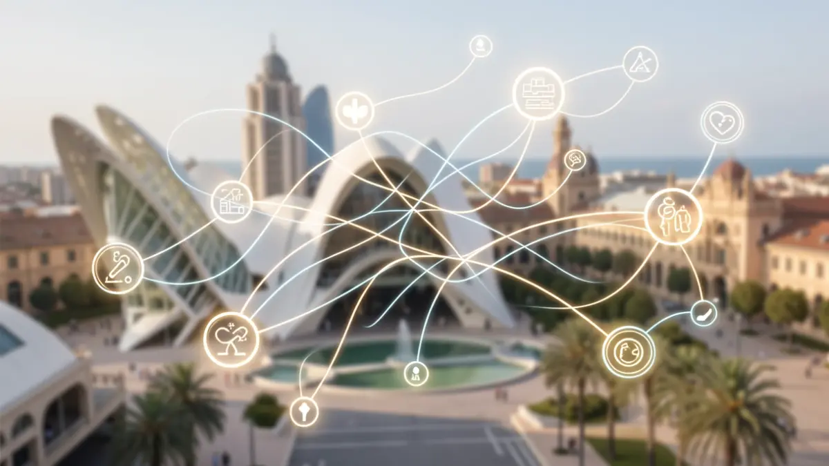 Imatge genèrica que representa la innovació en salut amb elements abstractes i un toc de l'arquitectura de la Ciutat de les Arts i les Ciències de València.