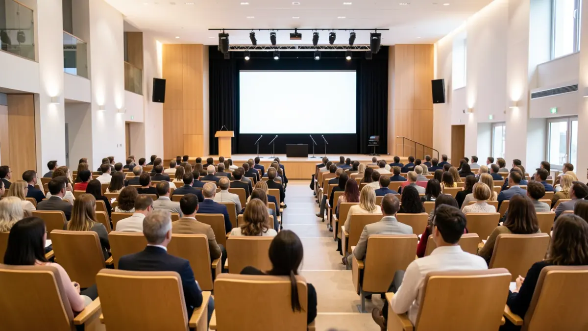 Generic image of a modern auditorium with technology for a business event.