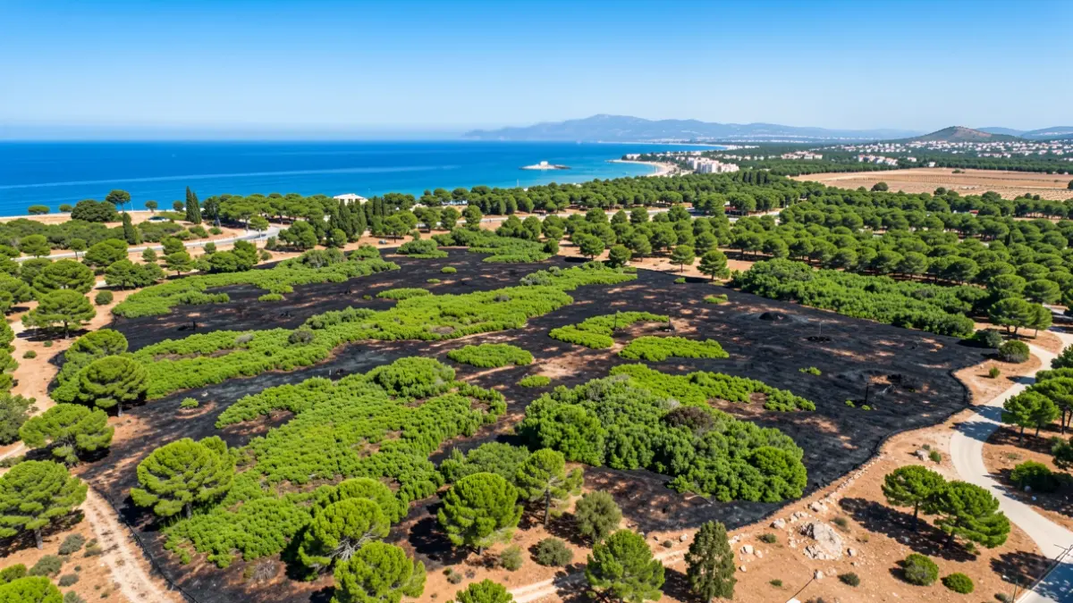 Vista aèria del parc natural del Saler a València, amb zones cremades i vegetació en regeneració.