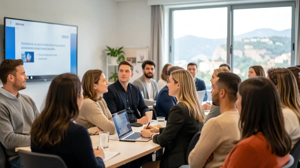 Imagen genérica de jóvenes y adultos en un curso de formación laboral con un paisaje mediterráneo al fondo.