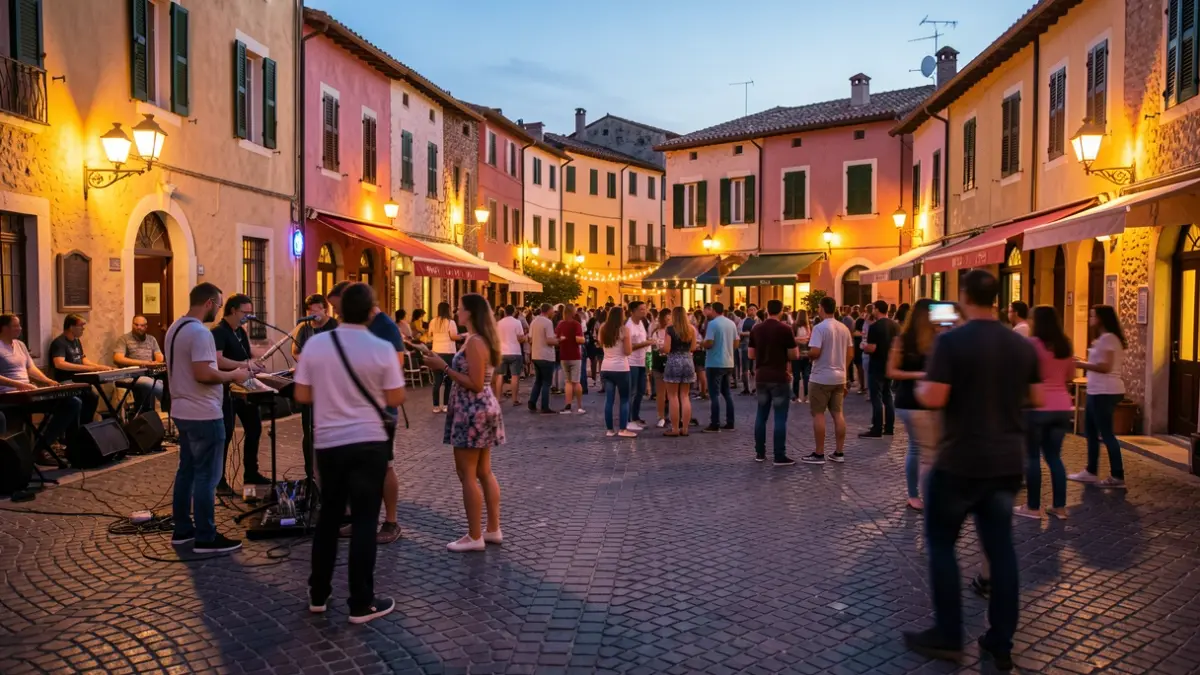 Generic image of a Mediterranean square lit up at dusk, with people enjoying music.