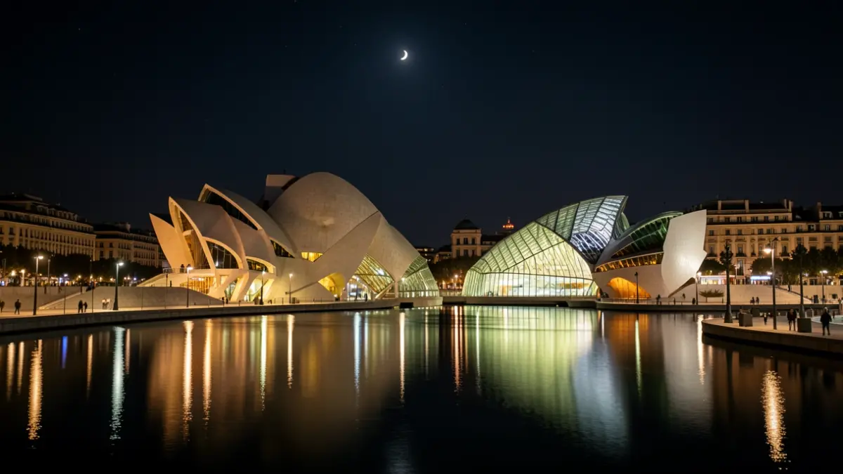 Generic image of the City of Arts and Sciences in Valencia illuminated at night.