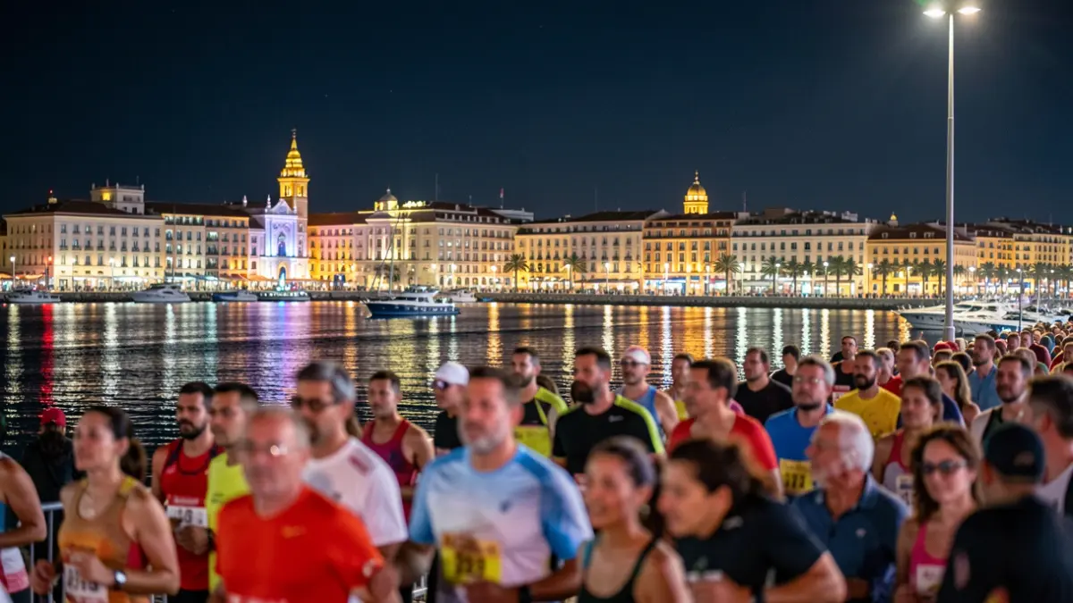 Imatge genèrica de la 15K Nocturna València Gana Energia amb el Port de València il·luminat i corredors al fons.
