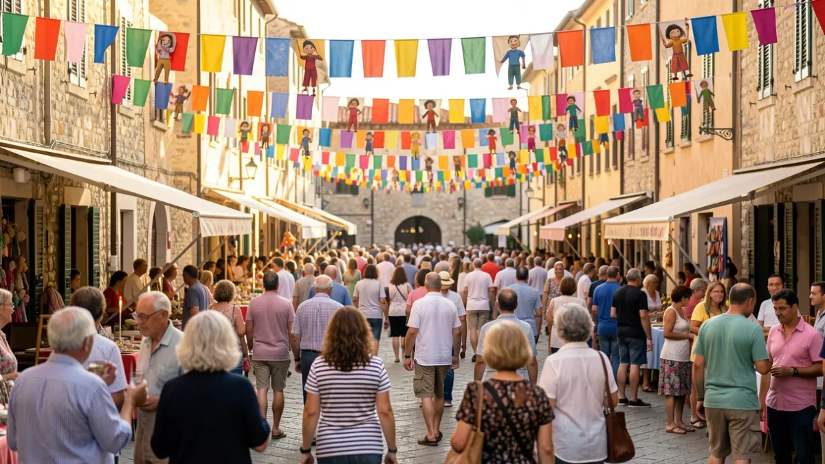 Generic image of a Mediterranean town square during a puppet festival.