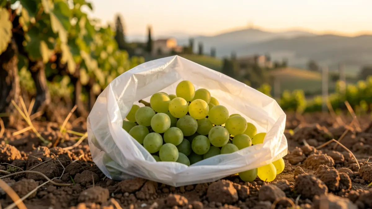 A bunch of Vinalopó Seedless Grapes with its protective bag.