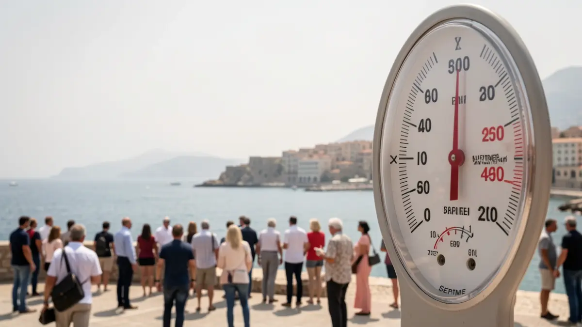 Imatge genèrica d'un termòmetre marcant temperatures altes amb la costa mediterrània al fons.