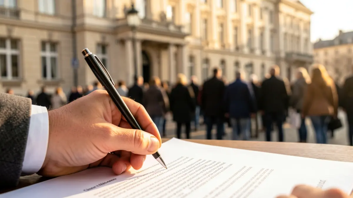 Generic image of a hand signing an official document.
