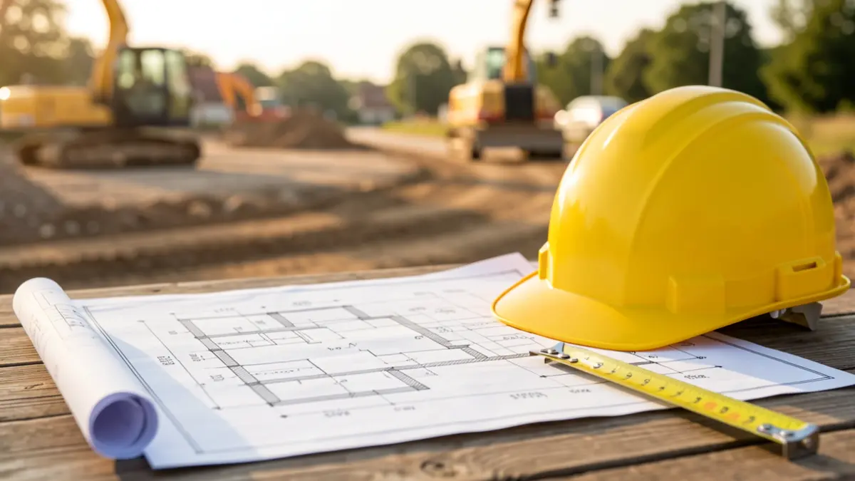 Generic image of construction blueprints and equipment on a table.