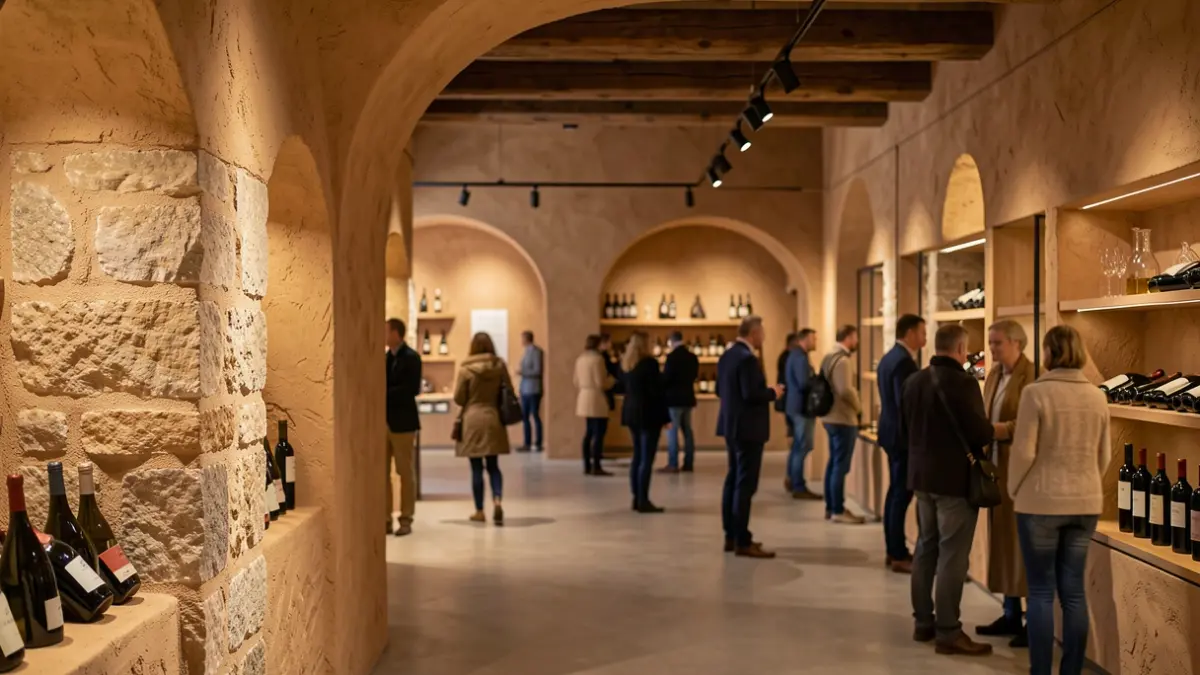 Interior d'un centre d'interpretació del vi amb materials naturals i il·luminació subtil.