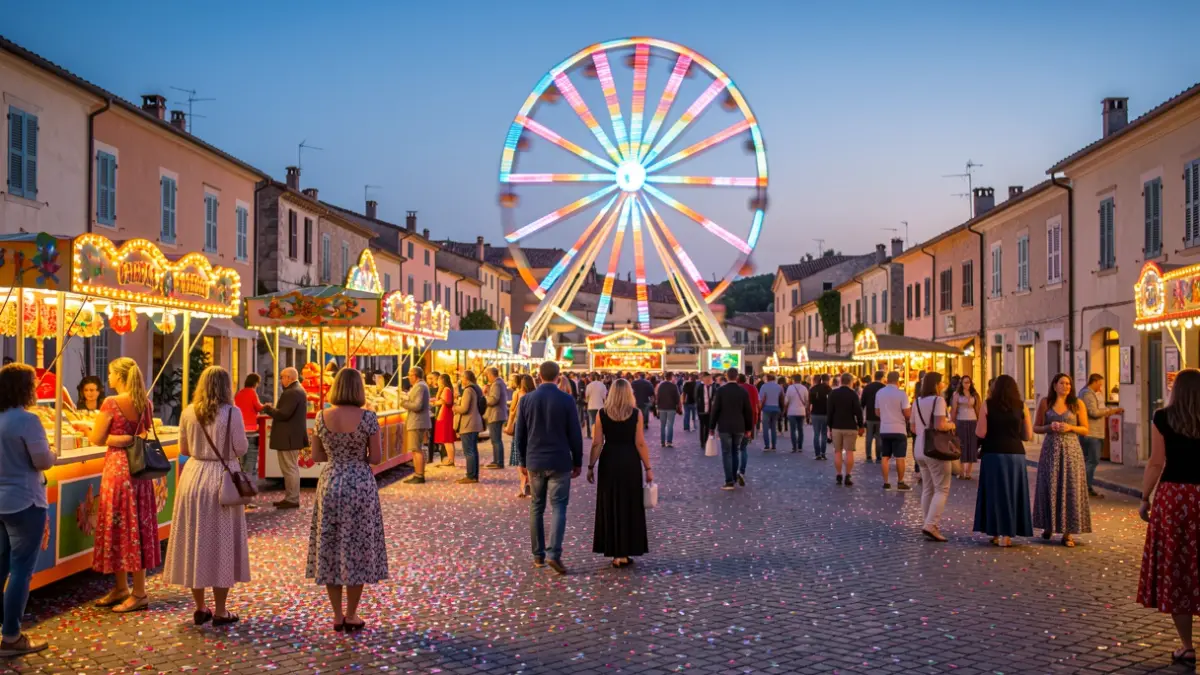 Imagen genérica de una feria de atracciones con luces y confeti.