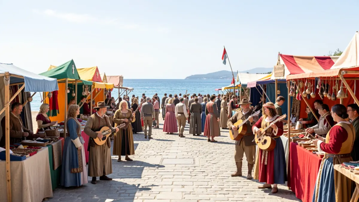 Imagen genérica de una feria medieval en la playa con ambiente festivo.