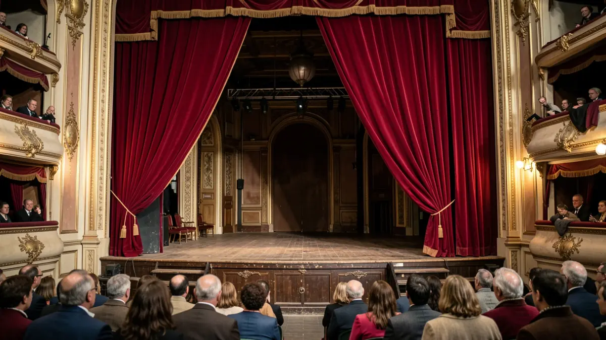 Generic image of an old theatre stage with red curtains.