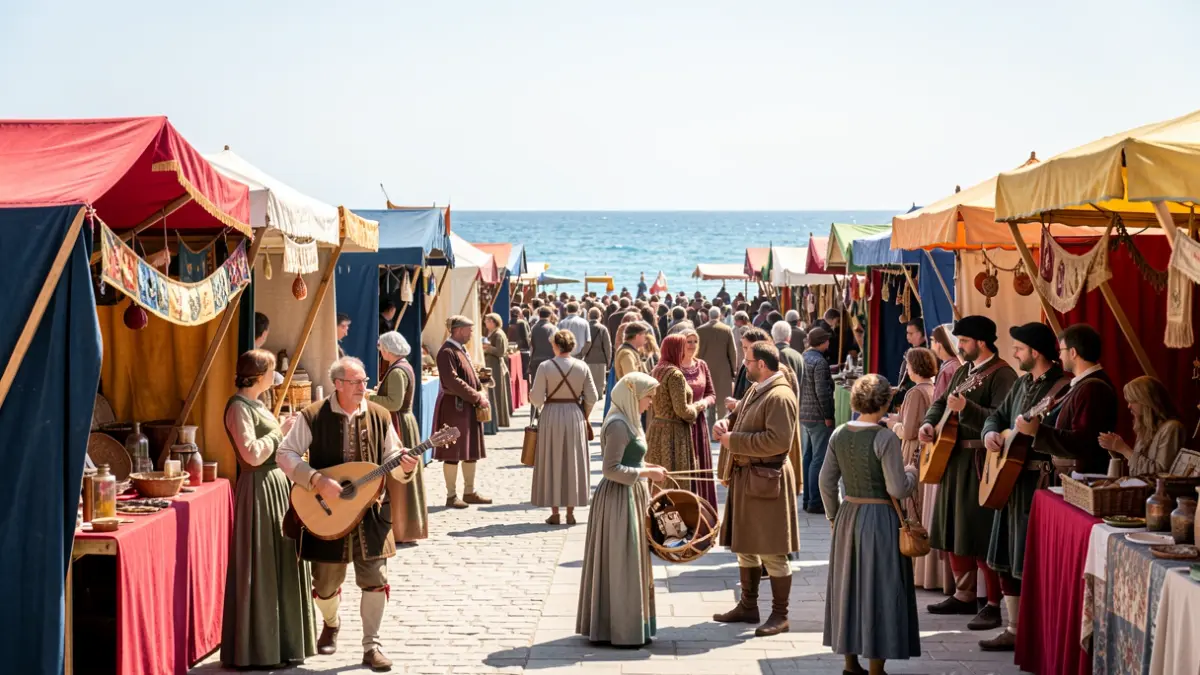 Imatge genèrica d'una fira medieval a la platja amb ambient festiu.