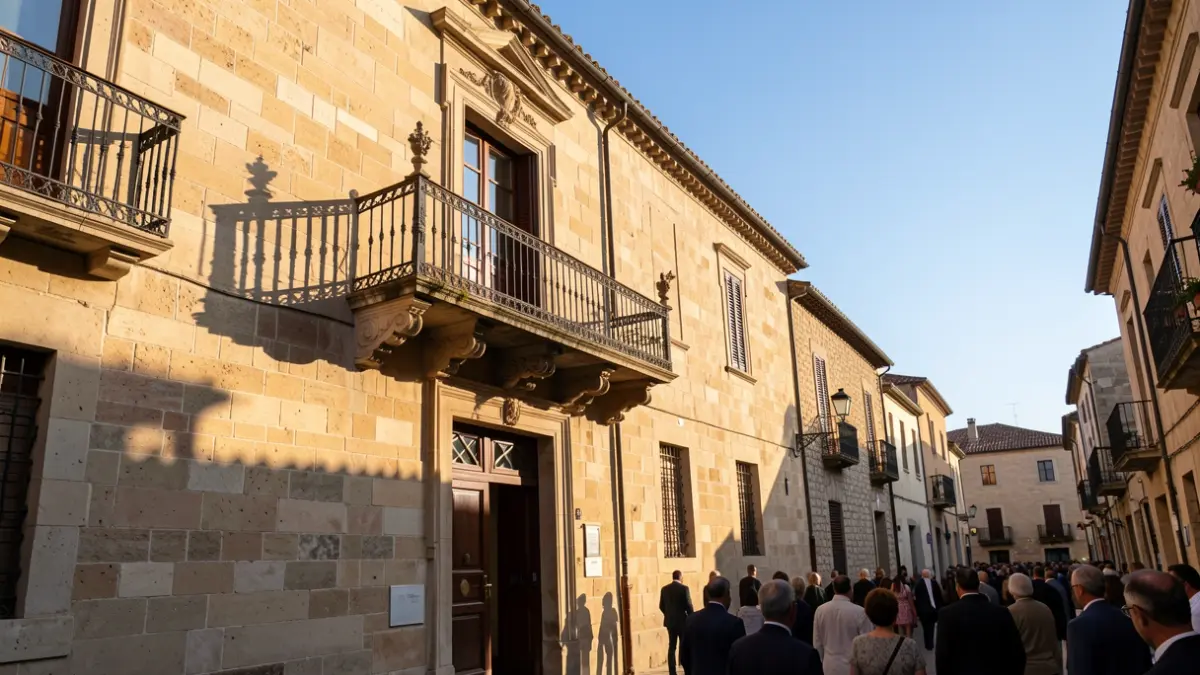 Generic image of a Mediterranean town hall facade with a balcony and iron railings, illuminated by afternoon sunlight.