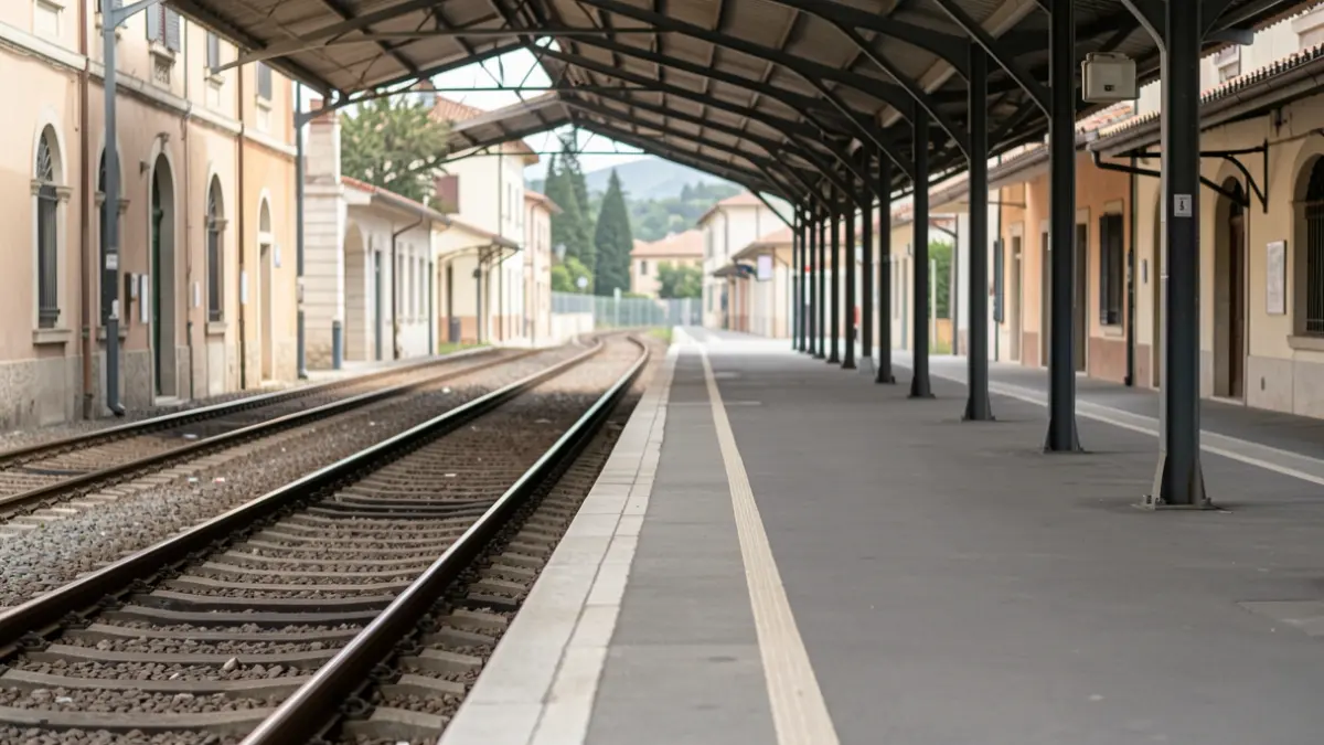 Imatge genèrica d'una andana de tren buida amb vies que es perden a la distància.