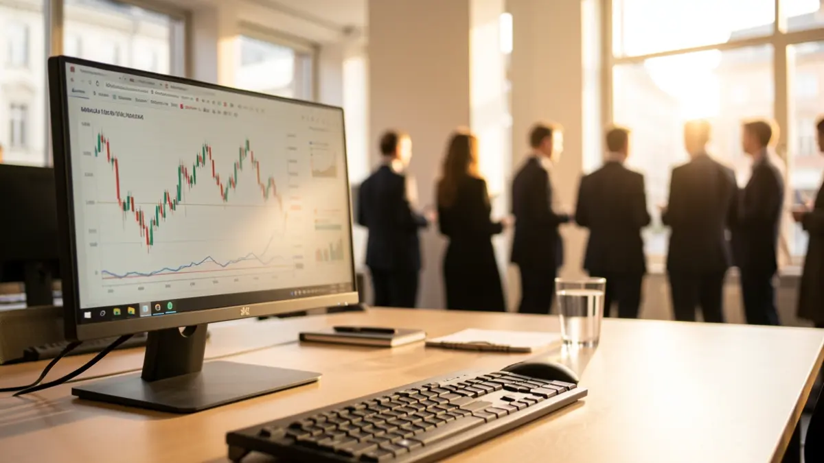 Generic image of an office with financial charts on a screen.