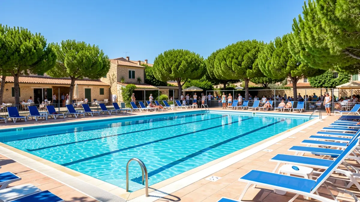Generic image of a municipal summer swimming pool with clear water and seating area.