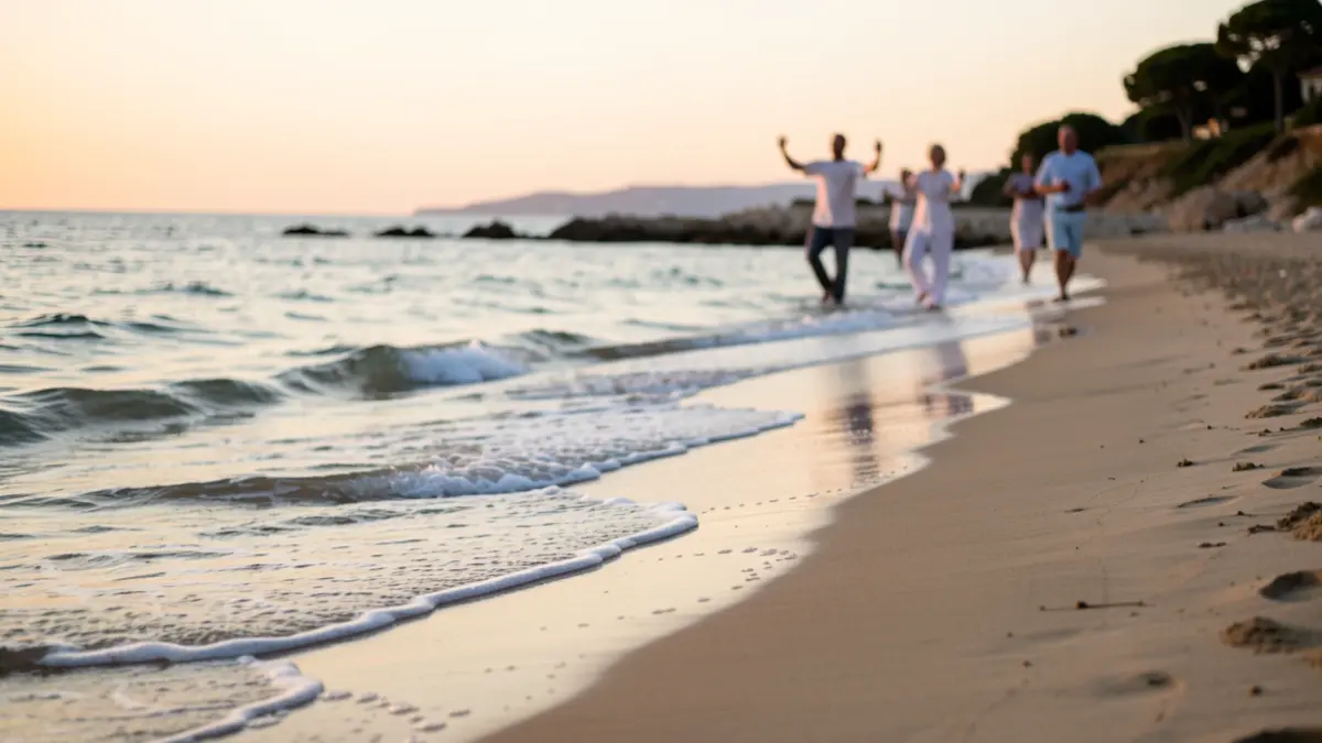 Imagen genérica de una playa mediterránea con personas practicando Chi kung.