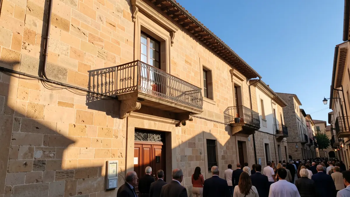 Imatge genèrica d'un edifici municipal amb balcó i baranes de ferro, il·luminat pel sol de la vesprada.