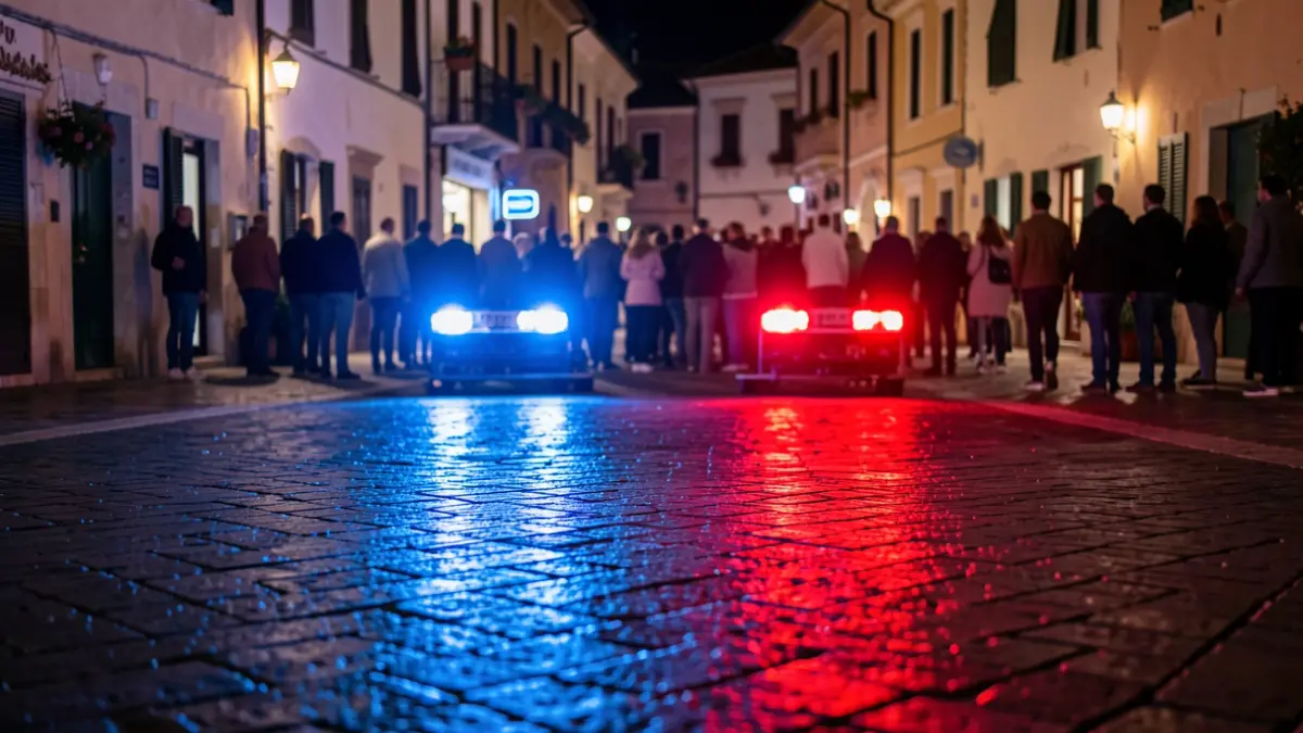 Imagen genérica de luces de emergencia policiales reflejándose en asfalto mojado por la noche.