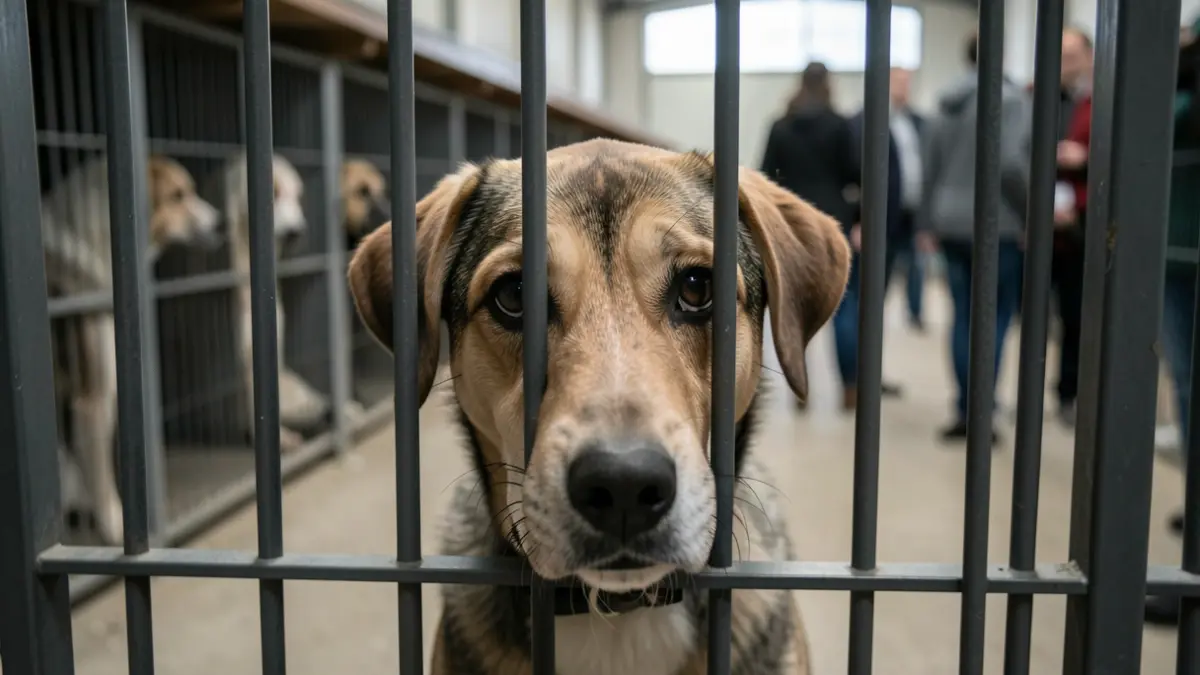 Generic image of an abandoned dog in a shelter awaiting adoption.