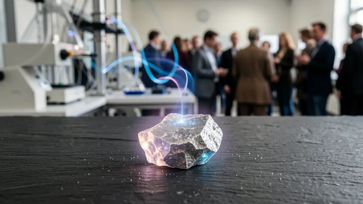 Imagen genérica de minerales de litio con equipamiento científico al fondo.