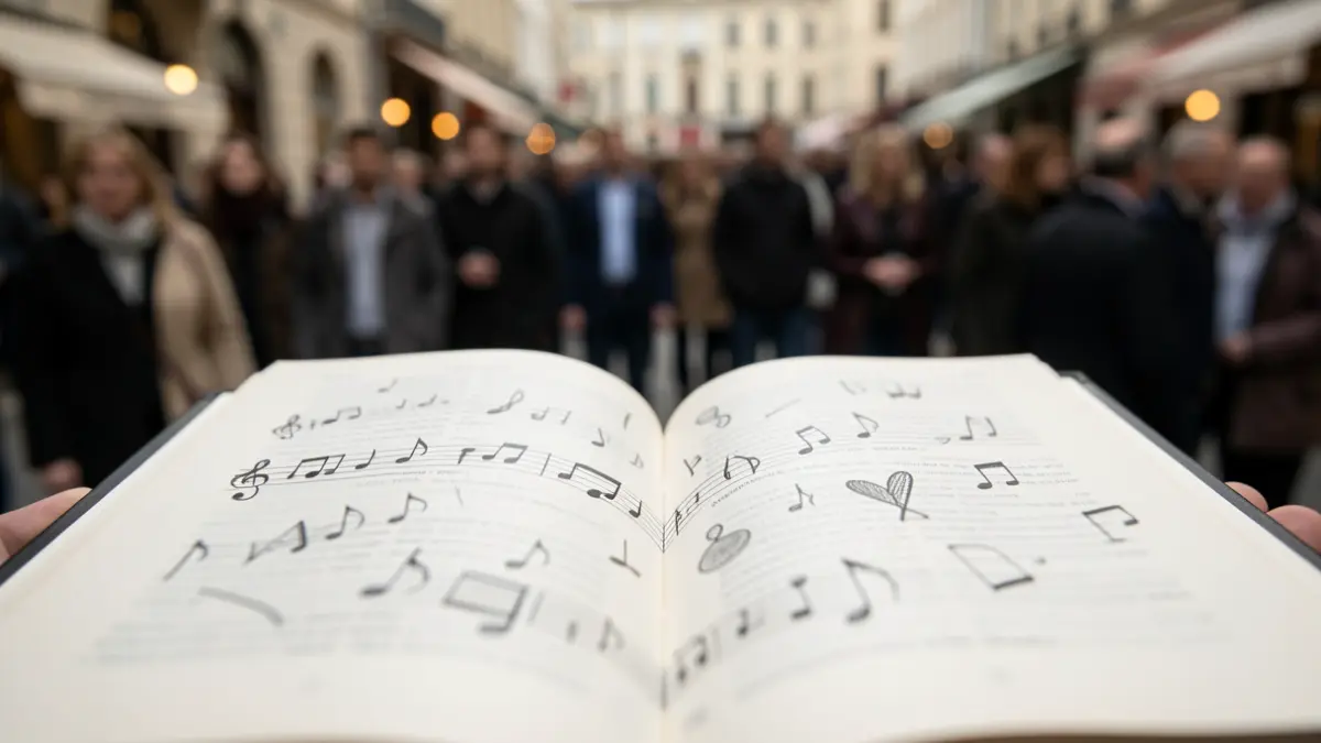 Generic image of an open book with musical notes and literary symbols.
