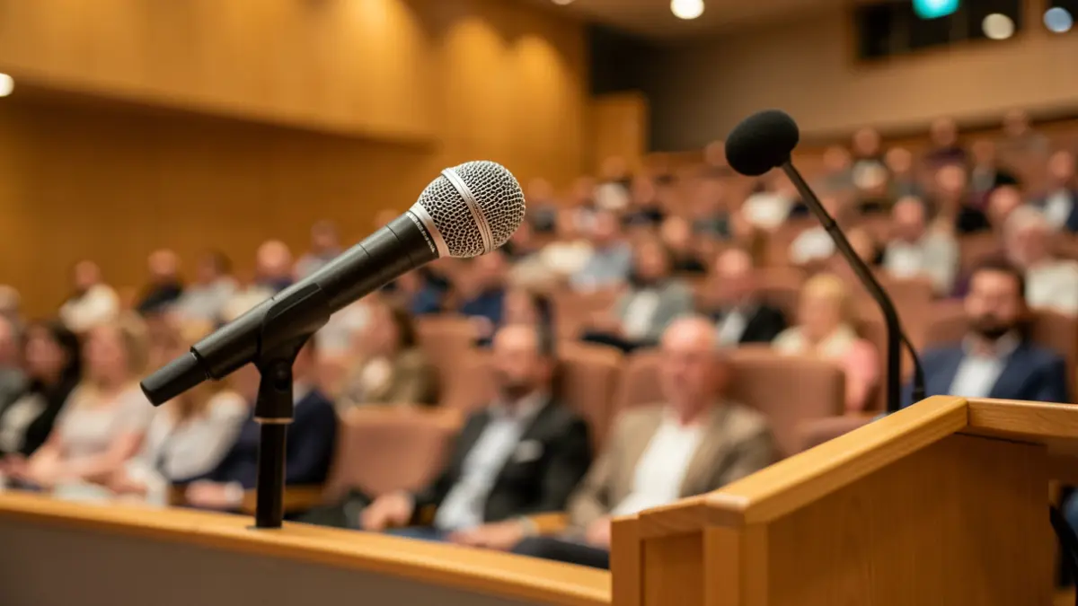 Imagen genérica de un micrófono en un auditorio universitario.