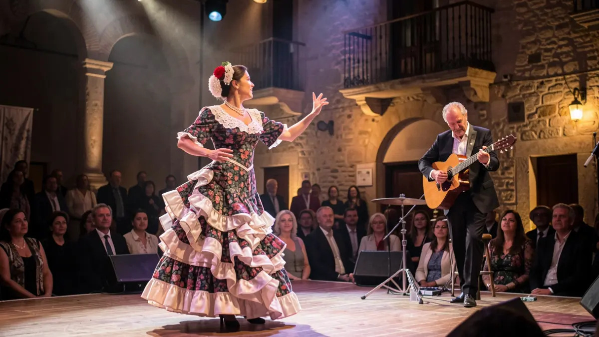 Imatge genèrica d'un espectacle de dansa i guitarra amb elements arquitectònics mediterranis.