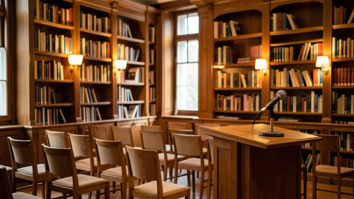 Interior d'una biblioteca amb prestatgeries de fusta i un micròfon en un faristol, ambient càlid de lectura.