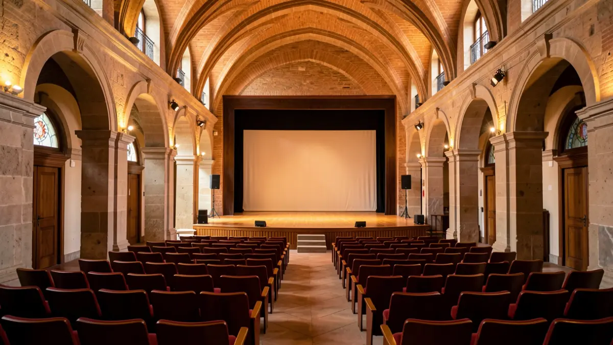 Generic image of the interior of the Centre Cultural La Nau in Valencia, with an empty stage and rows of seats.