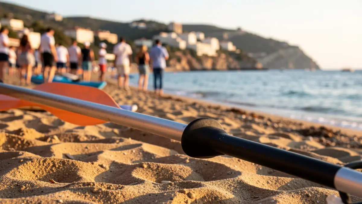 Paleta de caiac sobre arena amb el mar Mediterrani i la costa de la Vila Joiosa al fons.