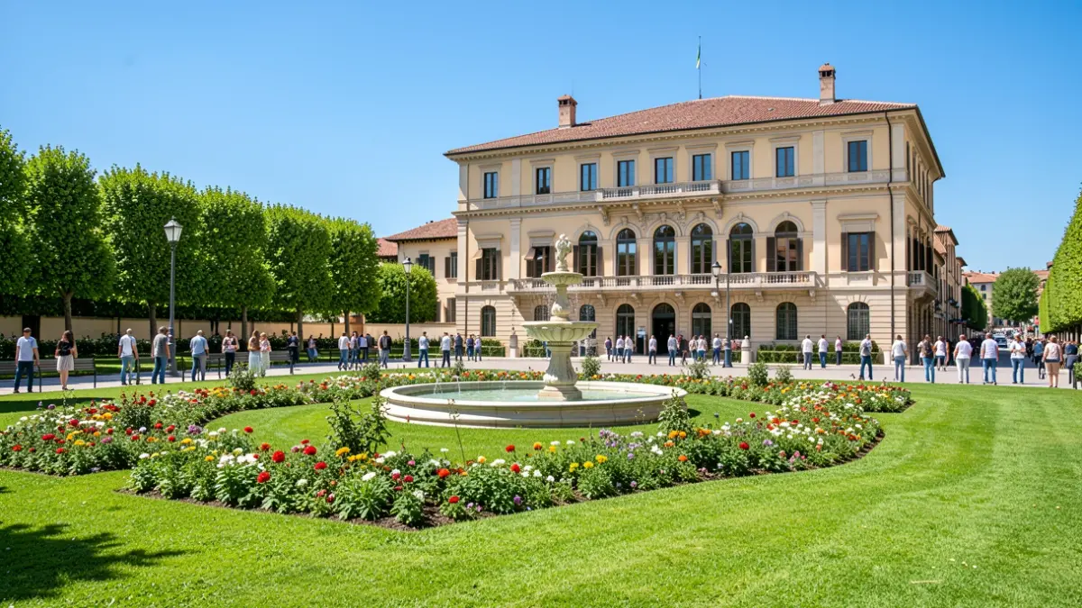 Imatge genèrica d'un parc públic ben cuidat amb fonts ornamentals i la façana d'un ajuntament mediterrani al fons.