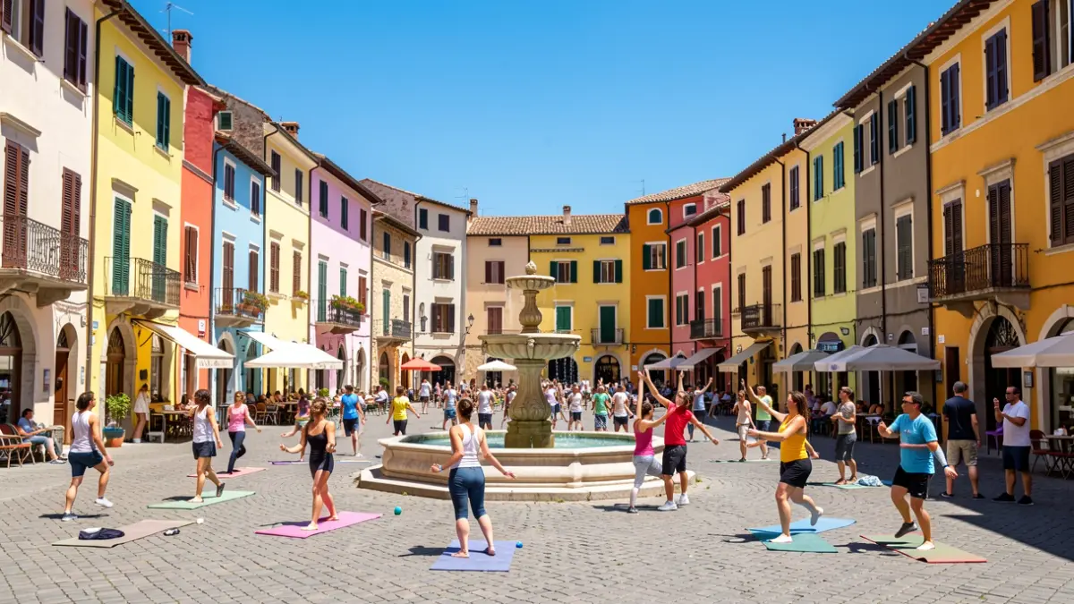 Generic image of a Mediterranean square with people doing sports.
